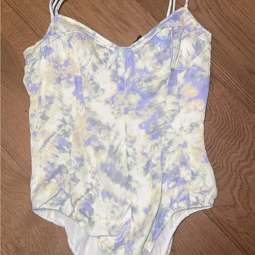 Zara Blue and Yellow Bodysuit with Tie-Dye Pattern